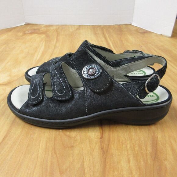 WALDLAUFER Zander Black Glitter Leather Sandals Womens Sz 9 Ortho Comfort Shoes - Picture 2 of 16